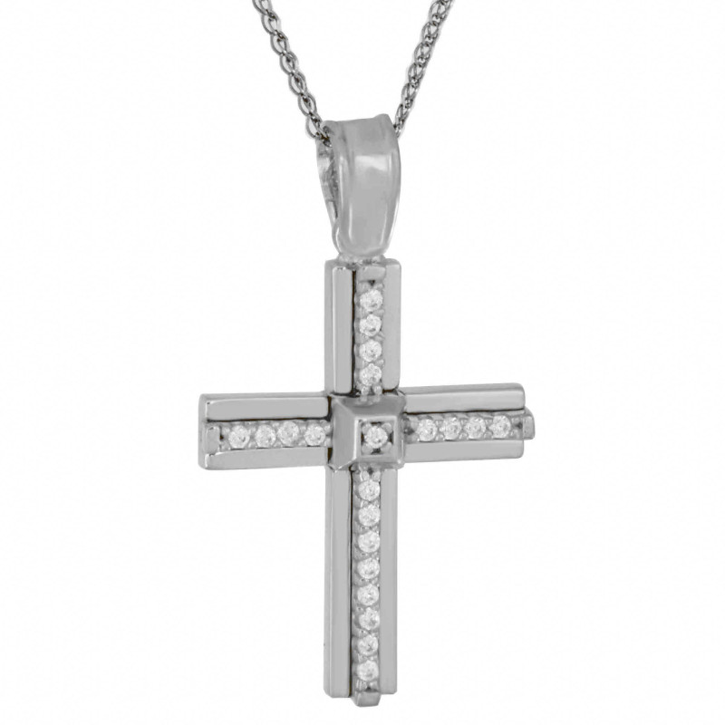 Λευκόχρυσος γυναικείος σταυρός με αλυσίδα 14 Καρατίων
