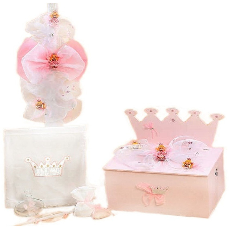 Βαπτιστικό πακέτο με ξύλινο μπαούλο με θέμα πριγκίπισσα σε αποχρώσεις ροζ λευκό