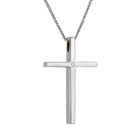 Λευκόχρυσος γυναικείος σταυρός με διαμάντια και αλυσίδα 14 Καρατίων