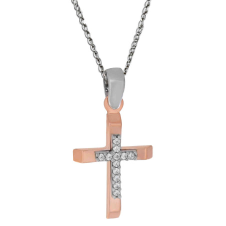 Λευκόχρυσος γυναικείος σταυρός με αλυσίδα 14 Καρατίων