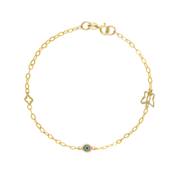 Βραχιόλι χρυσός 9 καρατίων με πεταλούδα, ματάκι, σταυρουδάκι