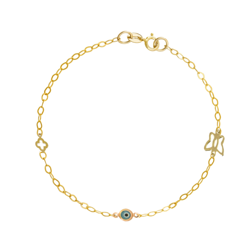 Βραχιόλι χρυσός 9 καρατίων με πεταλούδα, ματάκι, σταυρουδάκι