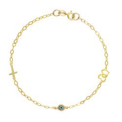 Βραχιόλι χρυσός 9 καρατίων με ματάκι, καρδούλα, σταυρουδάκι