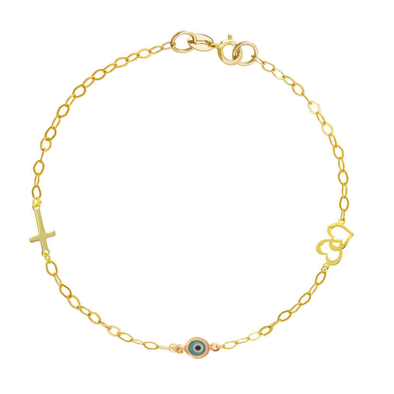 Βραχιόλι χρυσός 9 καρατίων με ματάκι, καρδούλα, σταυρουδάκι