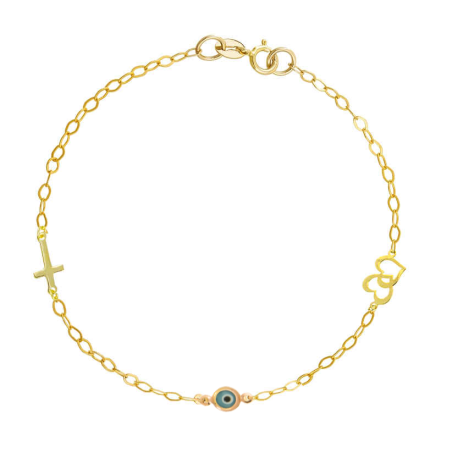 Βραχιόλι χρυσός 9 καρατίων με ματάκι, καρδούλα, σταυρουδάκι