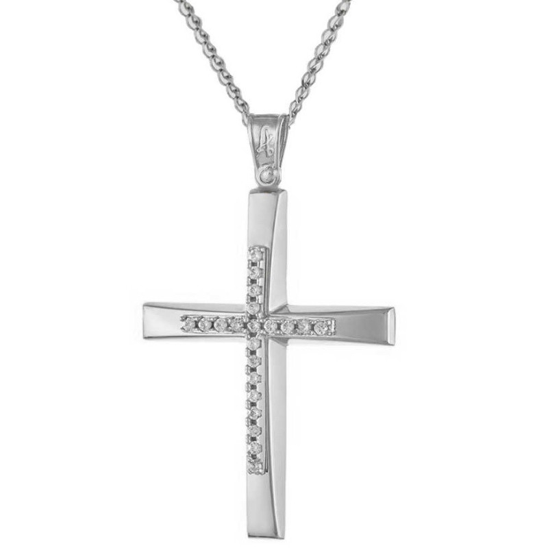 Λευκόχρυσος γυναικείος Σταυρός Με Αλυσίδα 9 Καρατίων
