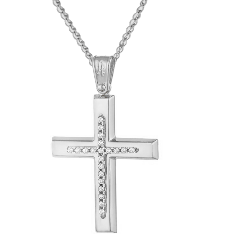 Λευκόχρυσος γυναικείος Σταυρός Με Αλυσίδα 9 Καρατίων