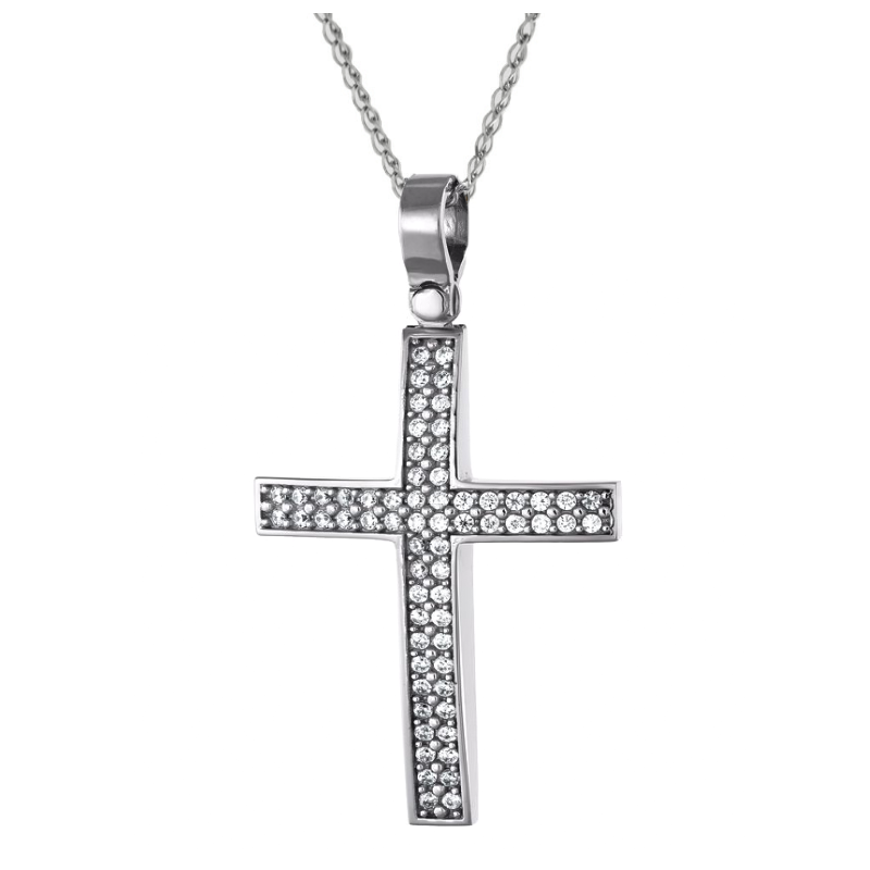 Λευκόχρυσος γυναικείος Σταυρός Με Αλυσίδα 9 Καρατίων