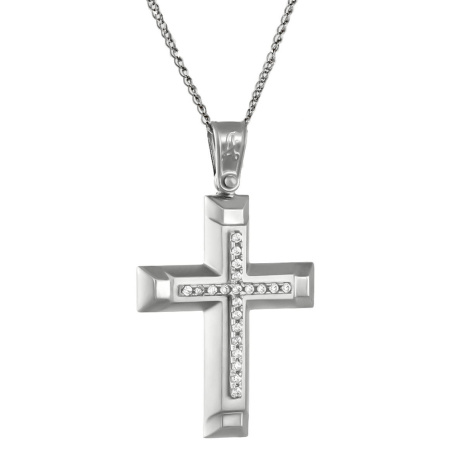 Λευκόχρυσος γυναικείος Σταυρός Με Αλυσίδα 9 Καρατίων