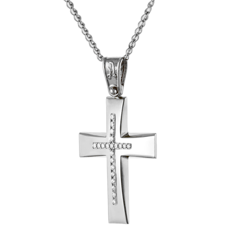 Λευκόχρυσος γυναικείος Σταυρός Με Αλυσίδα 9 Καρατίων