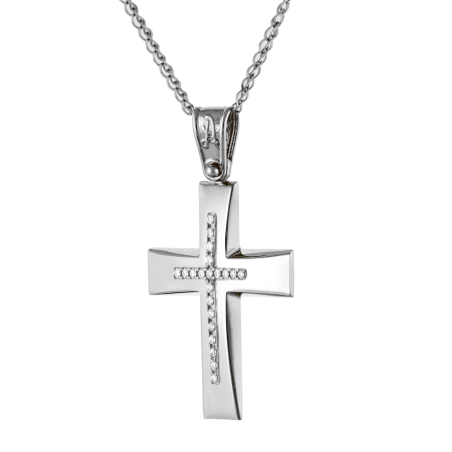 Λευκόχρυσος γυναικείος Σταυρός Με Αλυσίδα 9 Καρατίων