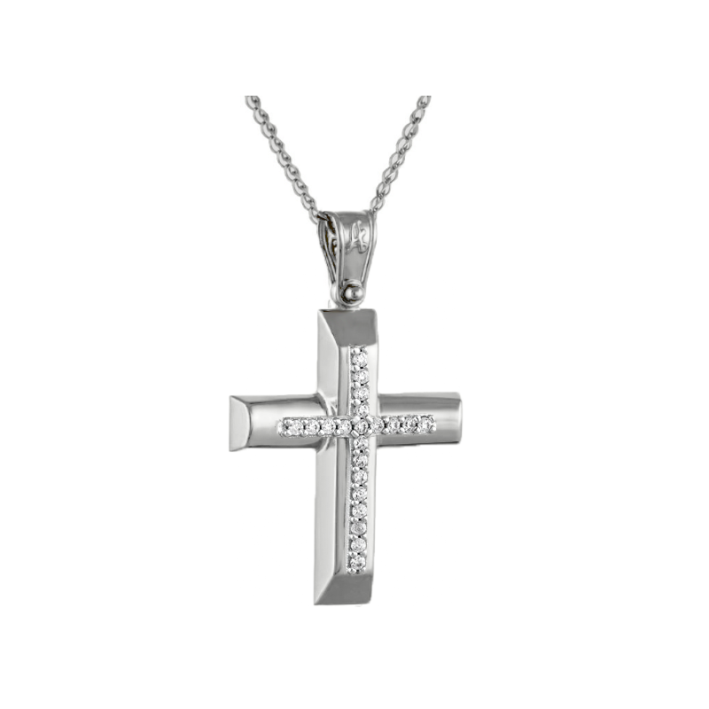 Λευκόχρυσος γυναικείος Σταυρός Με Αλυσίδα 9 Καρατίων