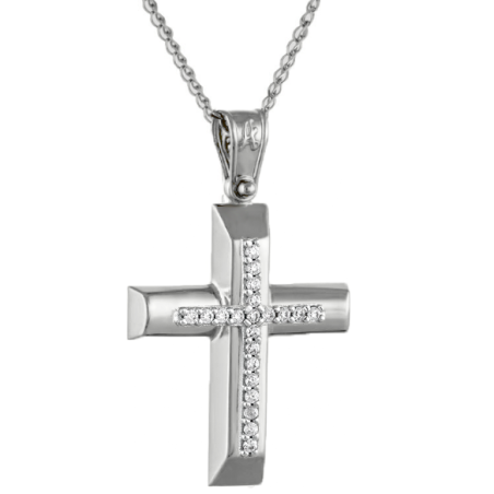 Λευκόχρυσος γυναικείος Σταυρός Με Αλυσίδα 9 Καρατίων