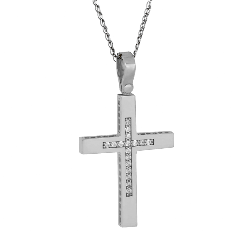 Λευκόχρυσος γυναικείος Σταυρός Με Αλυσίδα 9 Καρατίων