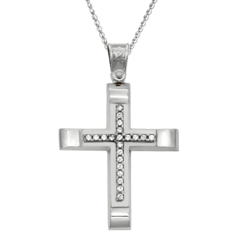Λευκόχρυσος γυναικείος σταυρός με αλυσίδα 14 Καρατίων