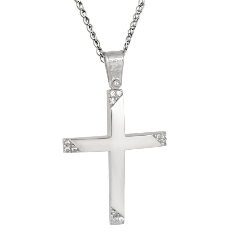Λευκόχρυσος γυναικείος σταυρός με αλυσίδα 14 Καρατίων