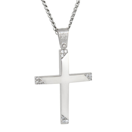 Λευκόχρυσος γυναικείος σταυρός με αλυσίδα 14 Καρατίων