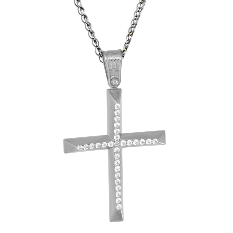 Λευκόχρυσος γυναικείος σταυρός με αλυσίδα 14 Καρατίων