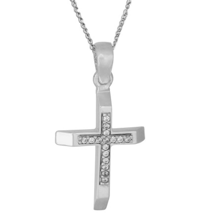 Λευκόχρυσος γυναικείος σταυρός με αλυσίδα 14 Καρατίων