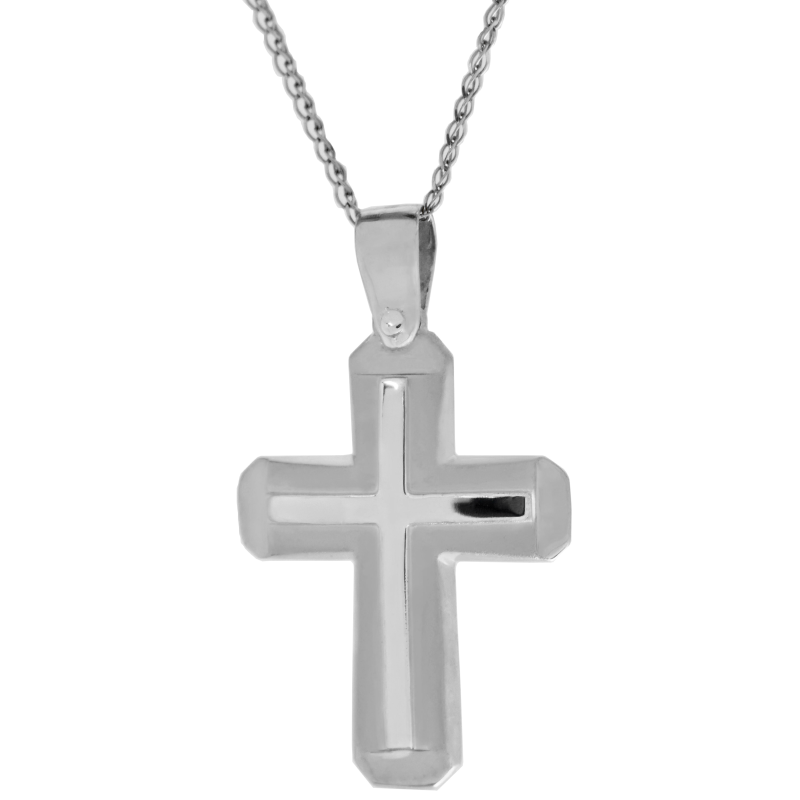 Λευκόχρυσος ανδρικός σταυρός με αλύσιδα 14 Καρατίων