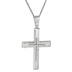 Λευκόχρυσος γυναικείος σταυρός με αλυσίδα 14 Καρατίων