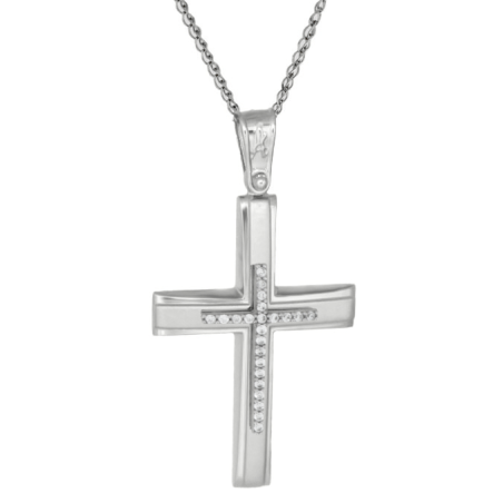 Λευκόχρυσος γυναικείος σταυρός με αλυσίδα 14 Καρατίων