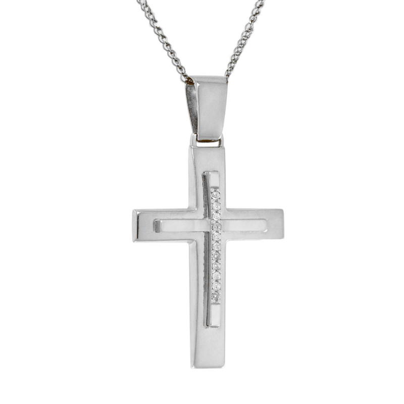 Λευκόχρυσος γυναικείος Σταυρός Με Αλυσίδα 9 Καρατίων