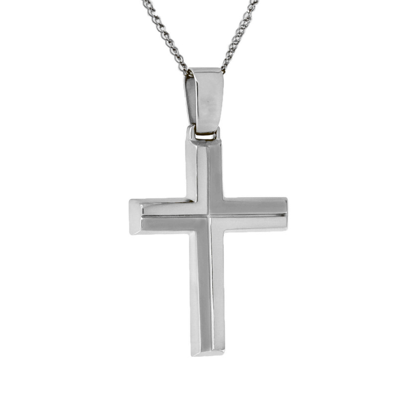 Λευκόχρυσος ανδρικός σταυρός με αλύσιδα 14 Καρατίων
