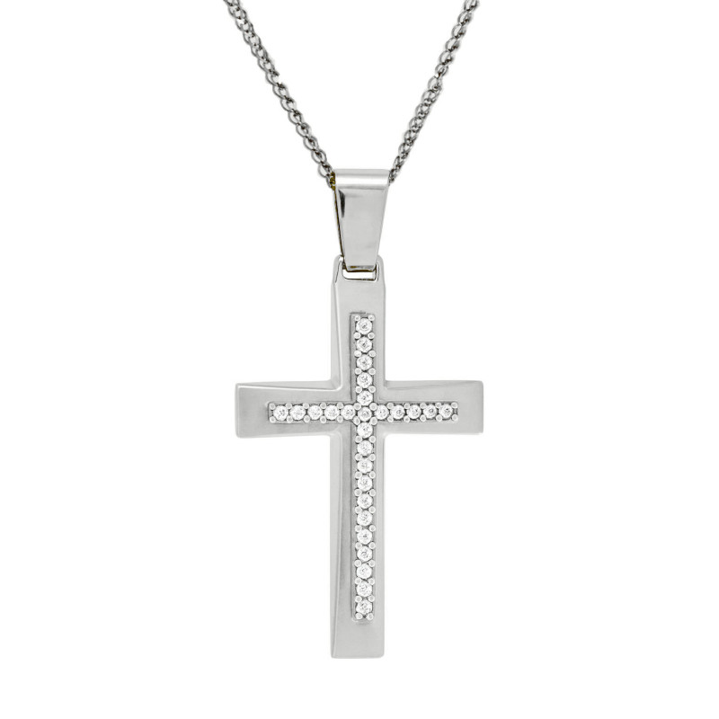 Λευκόχρυσος γυναικείος σταυρός με αλυσίδα 14 Καρατίων