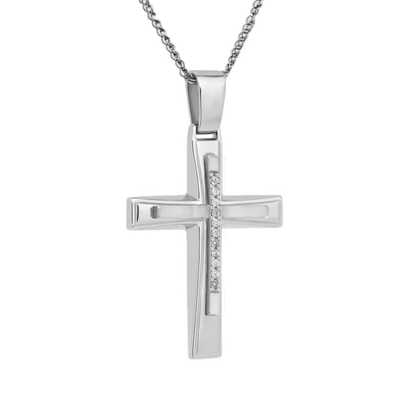 Λευκόχρυσος γυναικείος σταυρός με αλυσίδα 14 Καρατίων