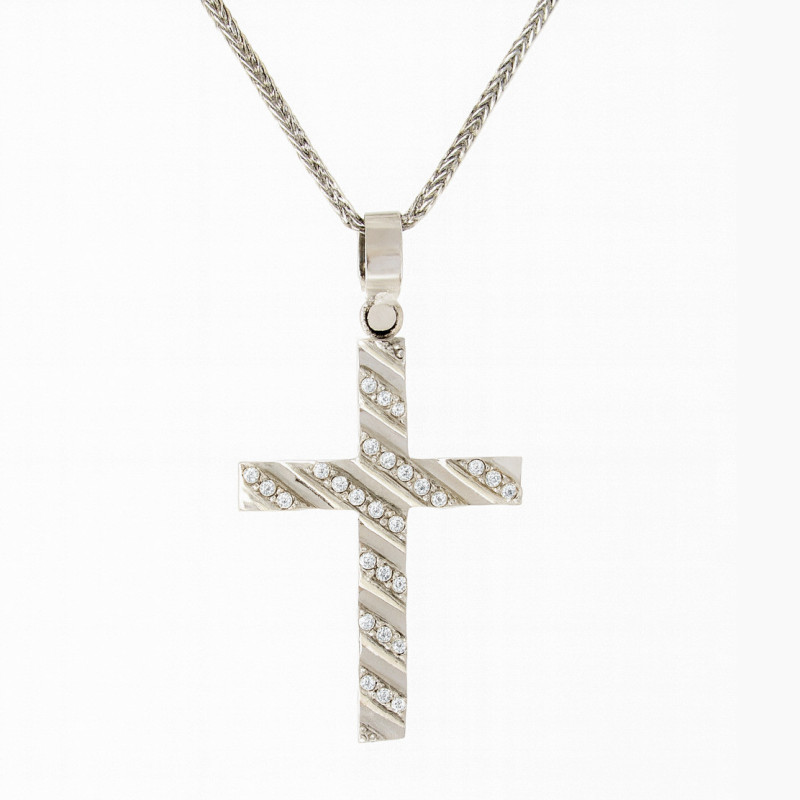 Λευκόχρυσος γυναικείος σταυρός με αλυσίδα 14 Καρατίων