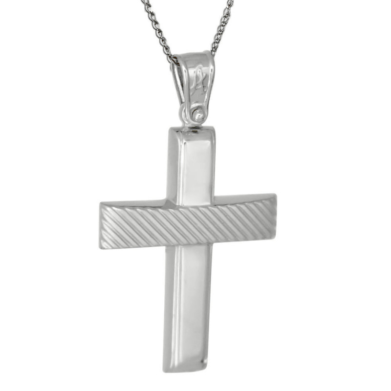 Λευκόχρυσος ανδρικός σταυρός με αλύσιδα 14 Καρατίων