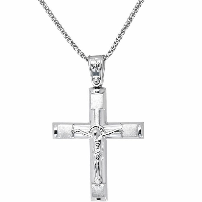 Λευκόχρυσος ανδρικός σταυρός με αλύσιδα 14 Καρατίων