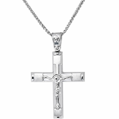 Λευκόχρυσος ανδρικός σταυρός με αλύσιδα 14 Καρατίων