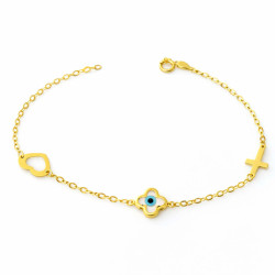Βραχιόλι χρυσός 9 καρατίων με Καρδούλα, ματάκι, Σταυρουδάκι