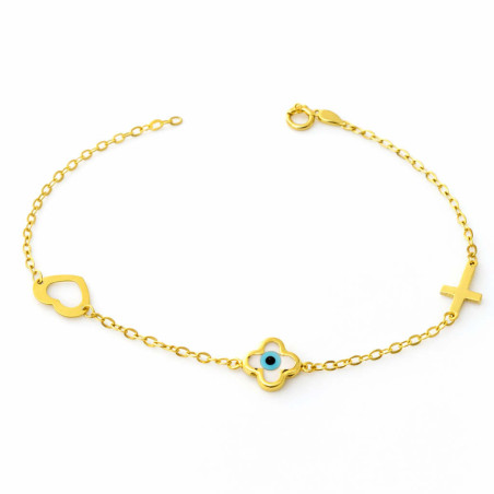 Βραχιόλι χρυσός 9 καρατίων με Καρδούλα, ματάκι, Σταυρουδάκι