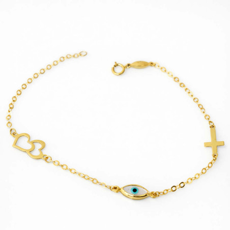 Βραχιόλι χρυσός 9 καρατίων με Καρδούλα, ματάκι, Σταυρουδάκι