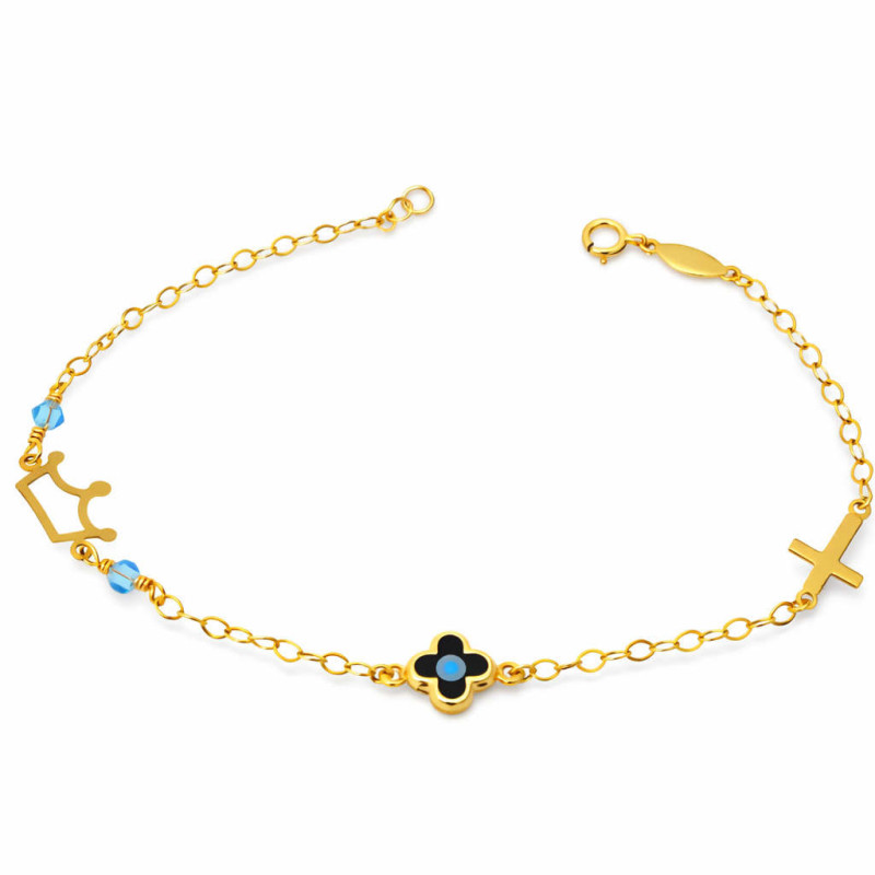 Βραχιόλι χρυσός 9 καρατίων με Κορώνα, ματάκι, Σταυρουδάκι