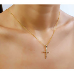 Χρυσός γυναικείος σταυρός με διαμάντια και αλυσίδα 14 Καρατίων
