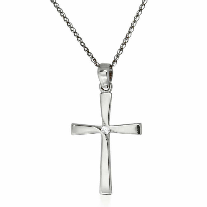 Λευκόχρυσος γυναικείος σταυρός με διαμάντια και αλυσίδα 14 Καρατίων