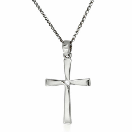 Λευκόχρυσος γυναικείος σταυρός με διαμάντια και αλυσίδα 14 Καρατίων