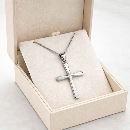 Λευκόχρυσος γυναικείος σταυρός με διαμάντια και αλυσίδα 14 Καρατίων