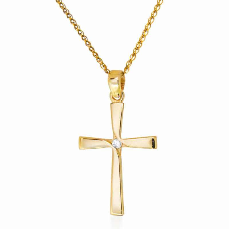 Χρυσός γυναικείος σταυρός με διαμάντια και αλυσίδα 14 Καρατίων