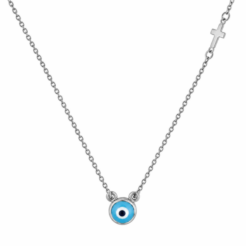 Κολιέ λευκόχρυσο 14 καρατίων ματάκι με σταυρουδάκι