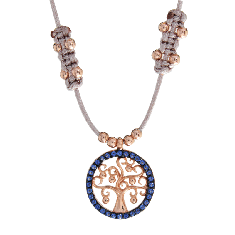 Ασημένιο ροζ χρυσο κολιέ δεντρο τησ ζωης με σχοινάκι ροζ 925