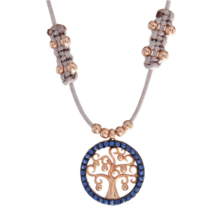 Ασημένιο ροζ χρυσο κολιέ δεντρο τησ ζωης με σχοινάκι ροζ 925