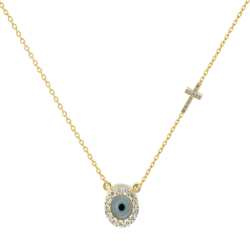 Κολιέ χρυσό 14 καρατίων με ματι και σταυδρουδακι με ζιρκον