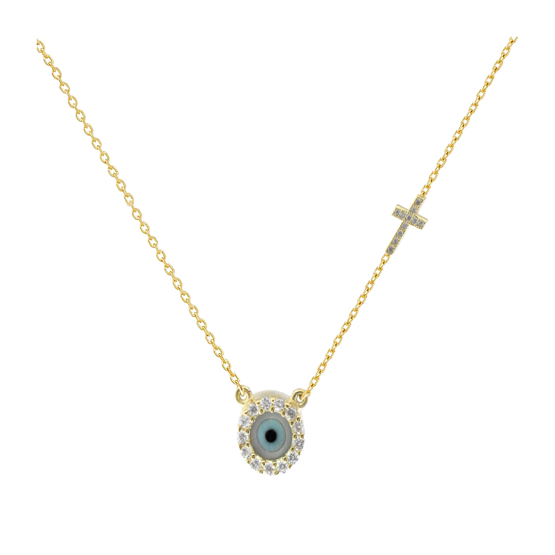 Κολιέ χρυσό 14 καρατίων με ματι και σταυδρουδακι με ζιρκον