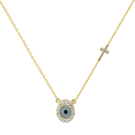 Κολιέ χρυσό 14 καρατίων με ματι και σταυδρουδακι με ζιρκον