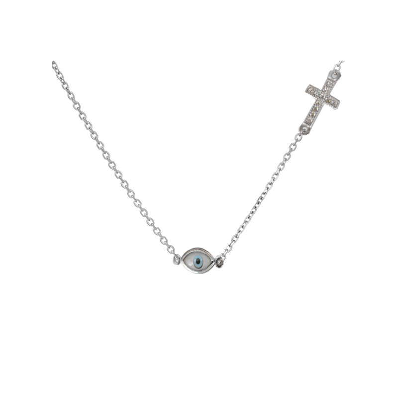 Κολιέ  Λευκοχρυσό 14 καρατίων ματι με σταυρουδακι και ζιρκον